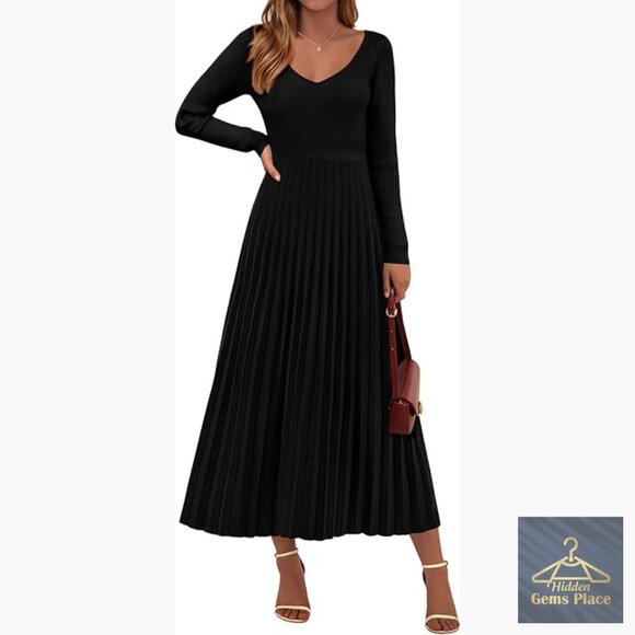 Dresses & Skirts - Long Sleeve V-Neck Ribbed Knit Pleated Maxi Sweater Dress